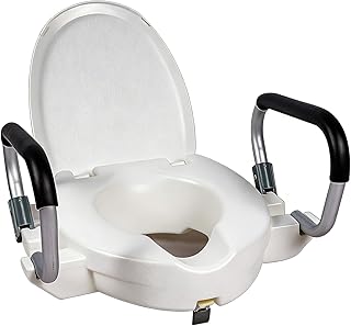 Toilettensitzerhöhung mit Armlehnen 10cm, WC Sitzerhöhung mit Deckel für Senioren und Erwachsene, Erhöhter Toilettensitz für Erwachsene, WC-Sitz mit Deckel, Weiß