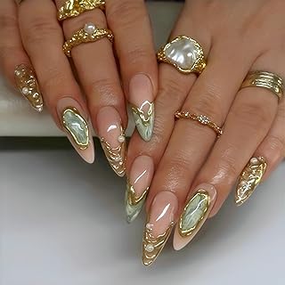 Marble Press on Nails Medium Almond Fake Nails 3D Gold Stripe Designs Nails Press Ons French Tip Stick on Nails Full Cover Artificial Nails Gift for Women 24pcs