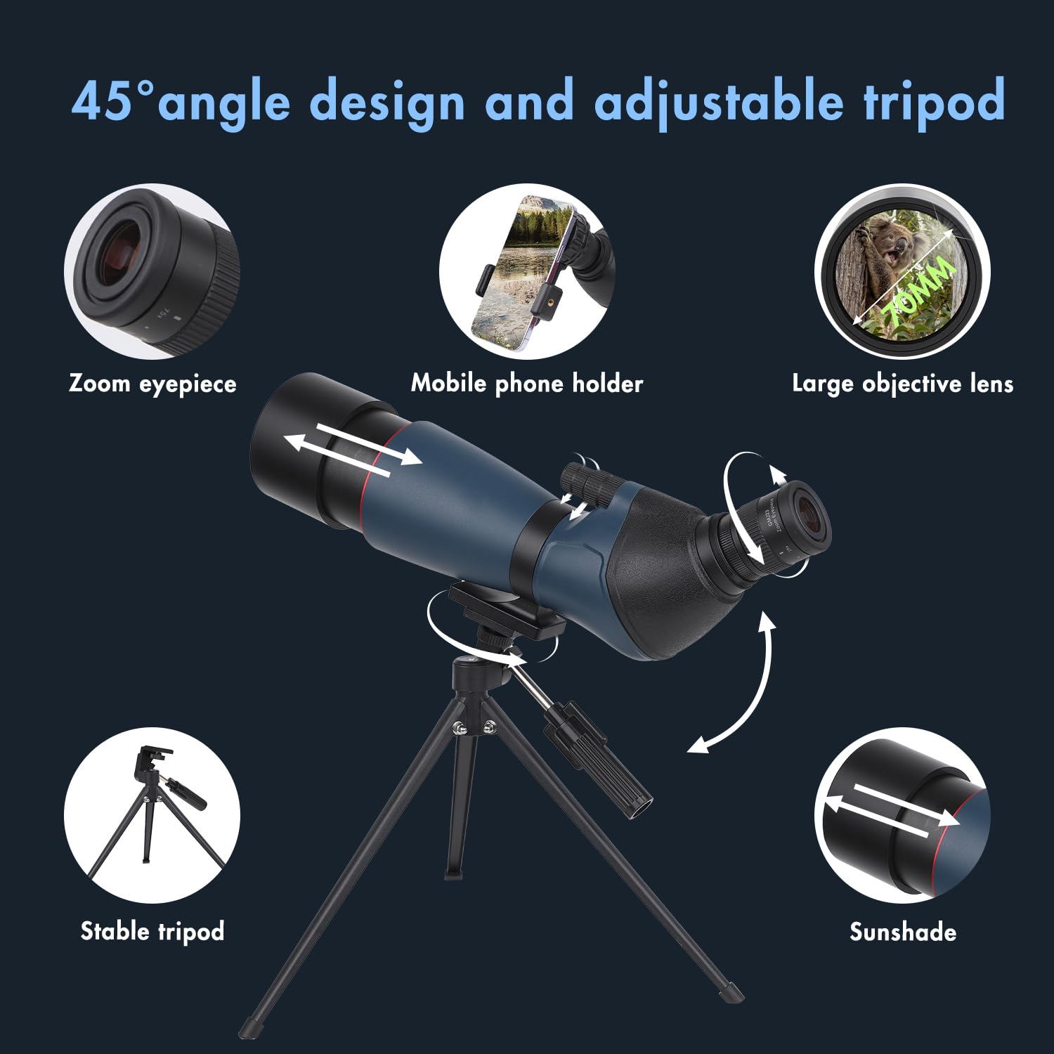 Telescopio ultra HD 25-75 x 70, doppia messa a fuoco, impermeabile, obiettivo FMC, prisma BAK4, custodia, treppiede, caccia, bird watching, paesaggi selvatici (blu)