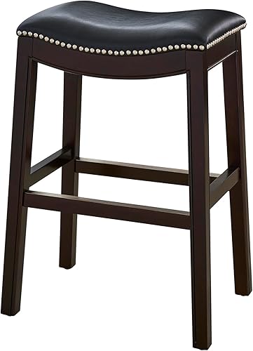 Miniatura 7 de New Ridge Home Goods Julian Taburete de bar de madera sin respaldo de 31 pulgadas, marco espresso con asiento tapizado negro Asiento de piel