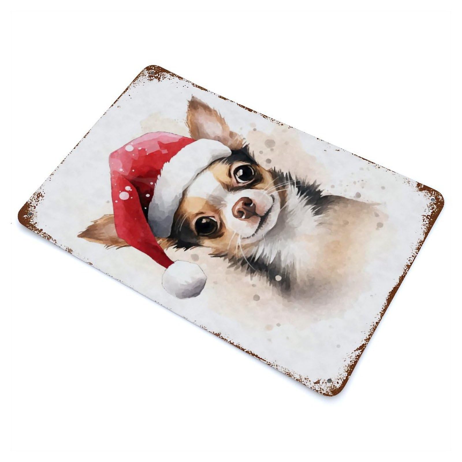 Distressed Metal Wall Sign Chihuahua Santa Hat Xmas 11.8"x7.9", Vintage Wall Decor for Garage, Bar And Workshop Decor