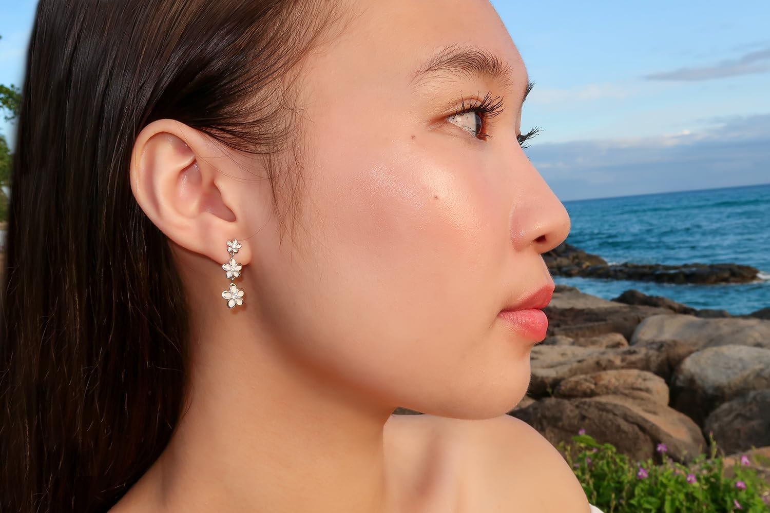 Sterling Silver Three Plumeria Dangle Earrings