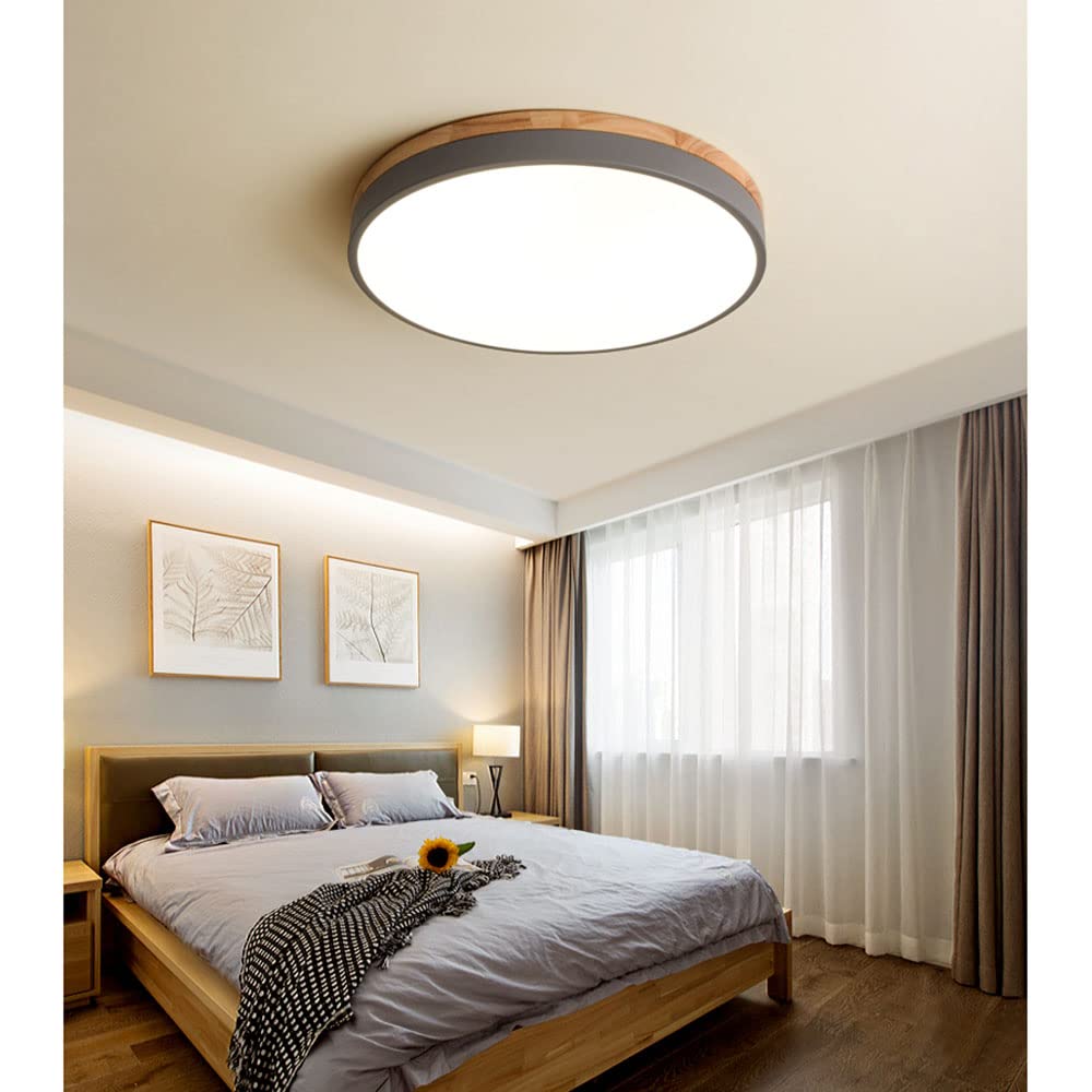Modern Rund Deckenlampe LED Dimmbar mit Ferbedienung,aus Grau Metall und Holz,24W Led Deckenleuchte Decken-Beleuchtung für Schlafzimmer Kinderzimmer Galerie Bad 3000-6000K Licht,φ40CM
