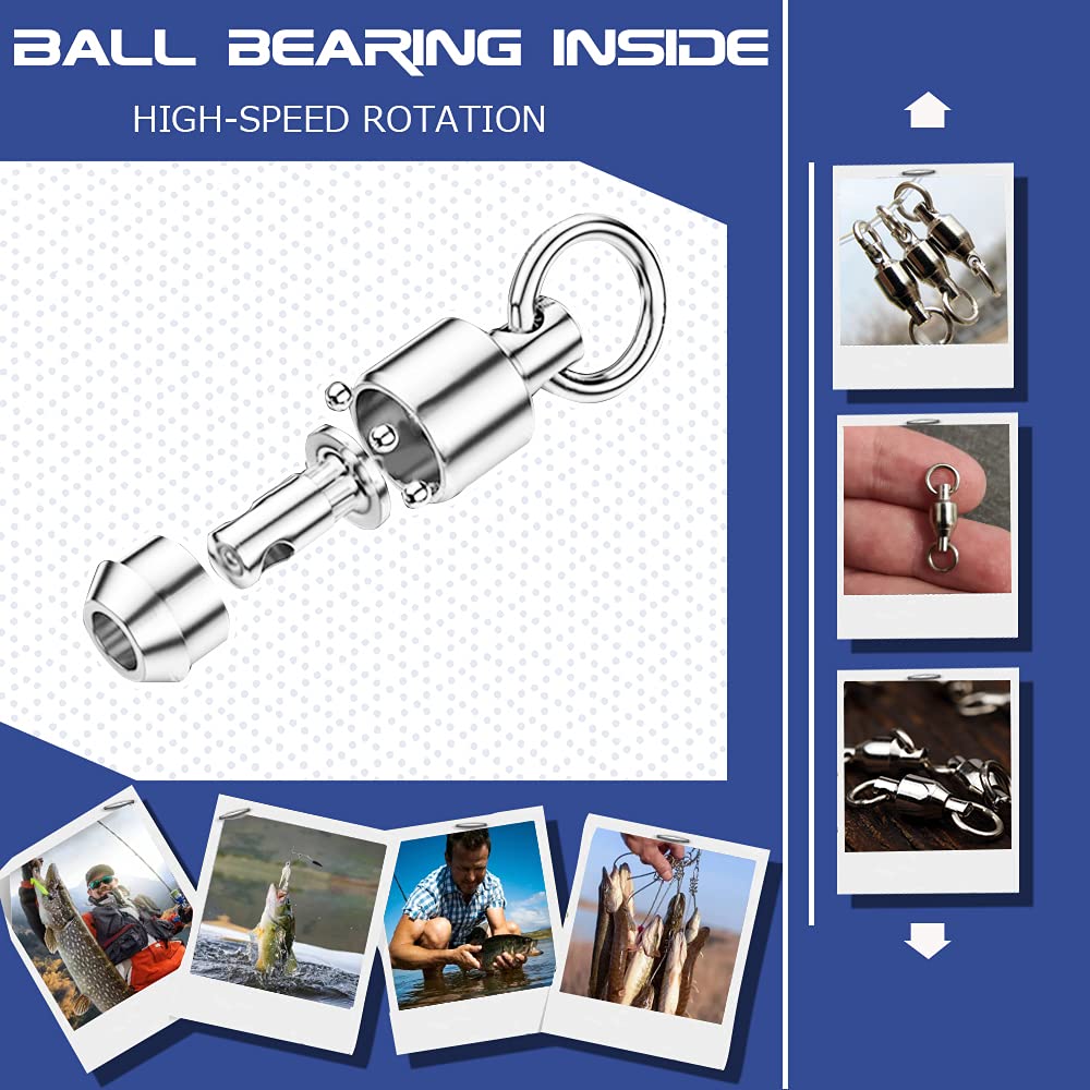 AMYSPORTS Ball Bearing Fishing Swivels Stainless High Strength Bearing Swivels Fishing Barrel Ball Fishing Swivel Freshwater Saltwater Connector Accessories, 48pcs, 108lbs