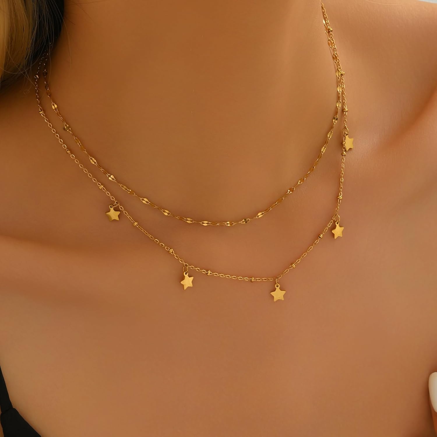 Layered Necklace for Women 18K Gold Plated,Double Layer CZ Star Sun Heart Charms,Lip Chain Minimalist Jewelry,Adjustable 14-16 Inch Everyday Boho - Image 3