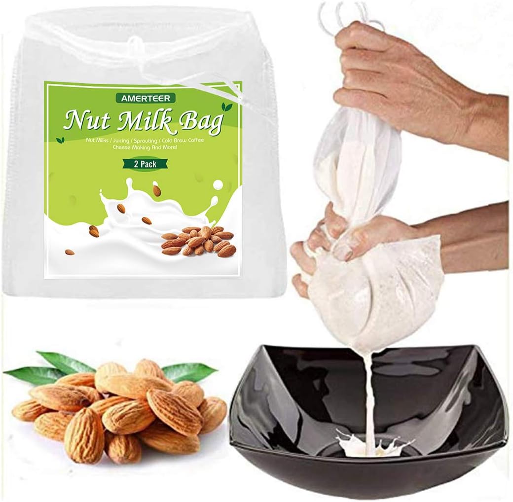 AMERTEER 2 Pcs Pro Quality Nut Milk Bag - Big 12"X12" Commercial Grade - Reusable Almond Milk Bag & All Purpose Food Strainer - Fine Mesh Nylon Cheesecloth & Cold Brew Coffee Filter