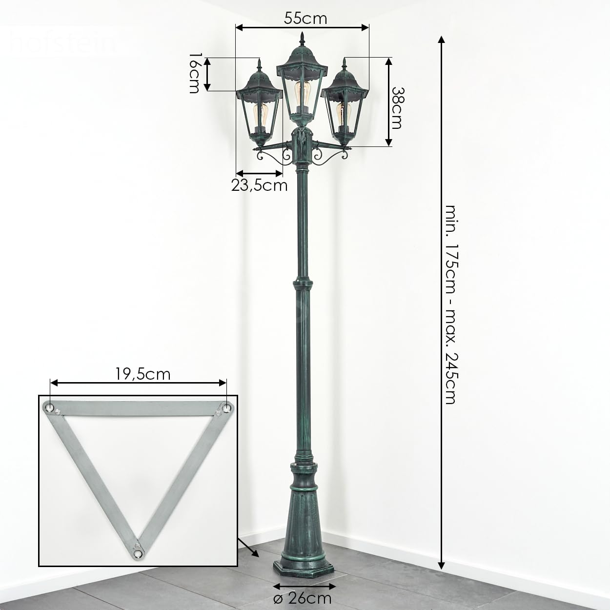 HOFSTEIN Kandelaber Hongkong Außenwegeleuchte Metall Glas Schwarz-Grün Klar IP44 3xE27 245 cm