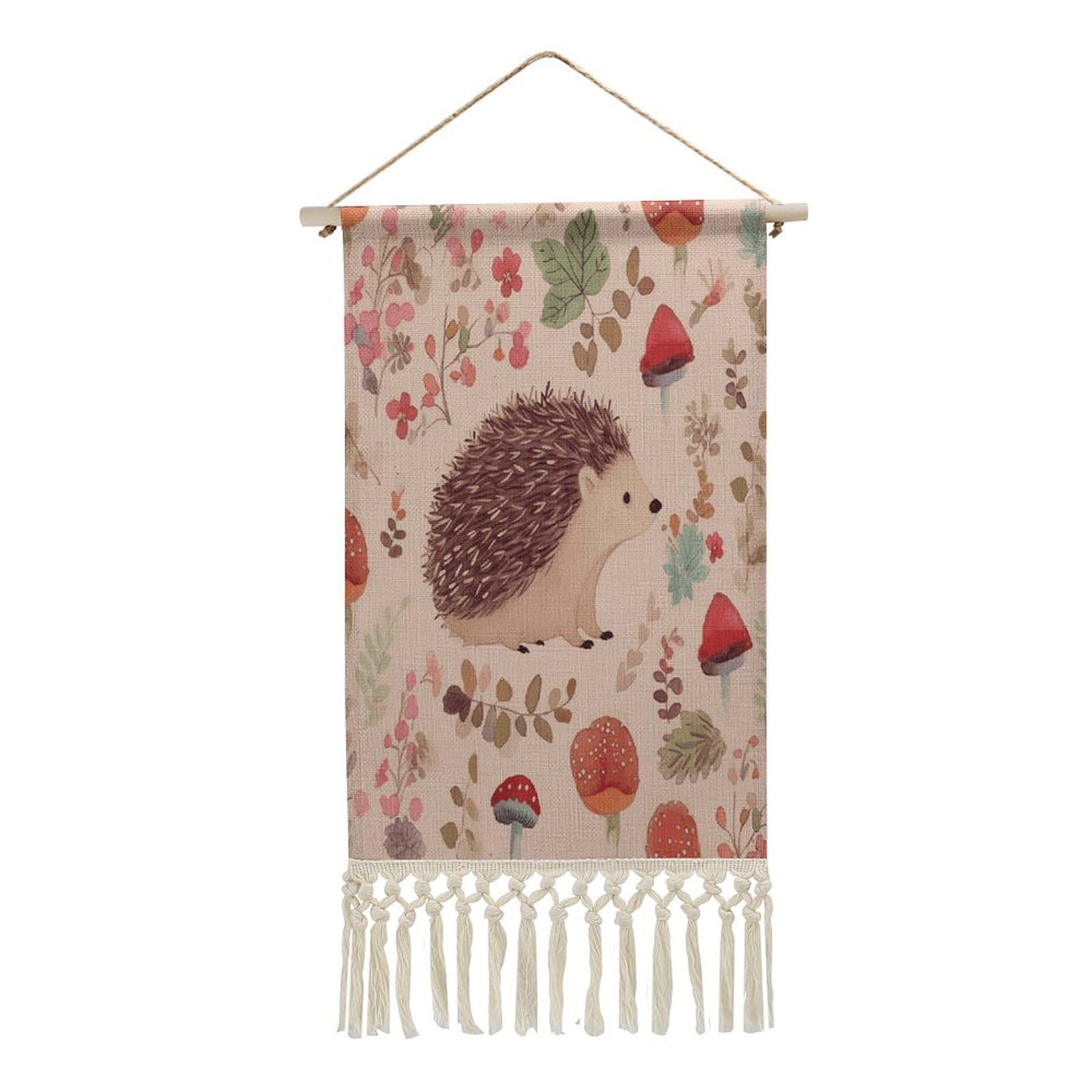 VstaDank Lovely Hedgehog Wall Art Decor with Tassels 20"x10" Cotton Linen Hanging Tapestry Decor Wall Art Prints Wood Frame Boho Wall Art Poster for Bedroom Living Room Office