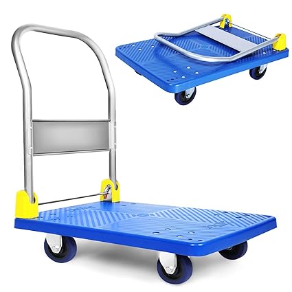 YSSOA Platform Truck with 880lb Weight Capacity and 360 Degree Swivel Wheels, Foldable Push Hand Cart for Loading and Storage, Blue