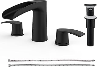 Matte Black Waterfall Bathroom Faucets - Widespread Bathroom Sink Faucet with Drain for Sink 3 Hole, 2-Handle Bathroom Faucet with Pop Up Sink Drain Stopper, Black Washbasin Faucet