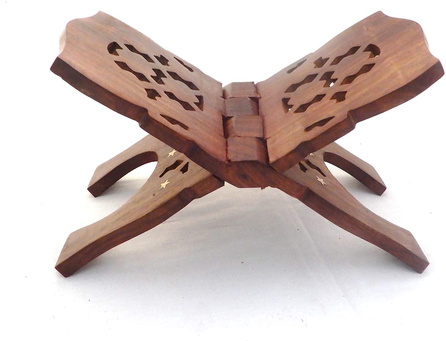 Quesera® Wooden,تلاوة القرآن, QURAN/Book Holder Display Stand Folding Religious Prayer Free Reading Stand with Intricate Carvings/beautiful brass inlay (19 x 38 cm (15"))