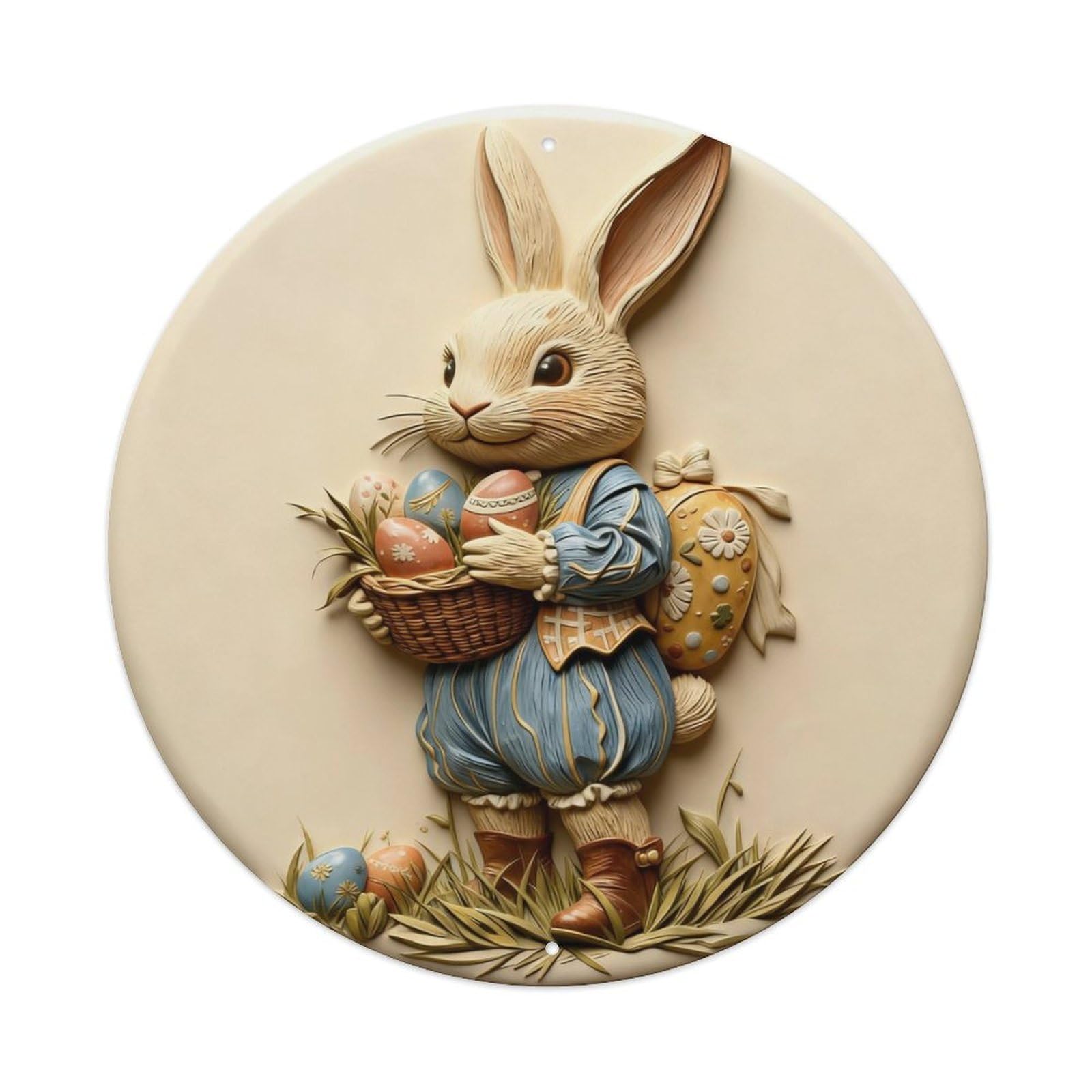 Easter Bunny Holding Eggs Round Metal Tin Sign Vintage Wall Decor, Bar Garage Cafe Kitchen Home Wall Art Poster 8x8inches