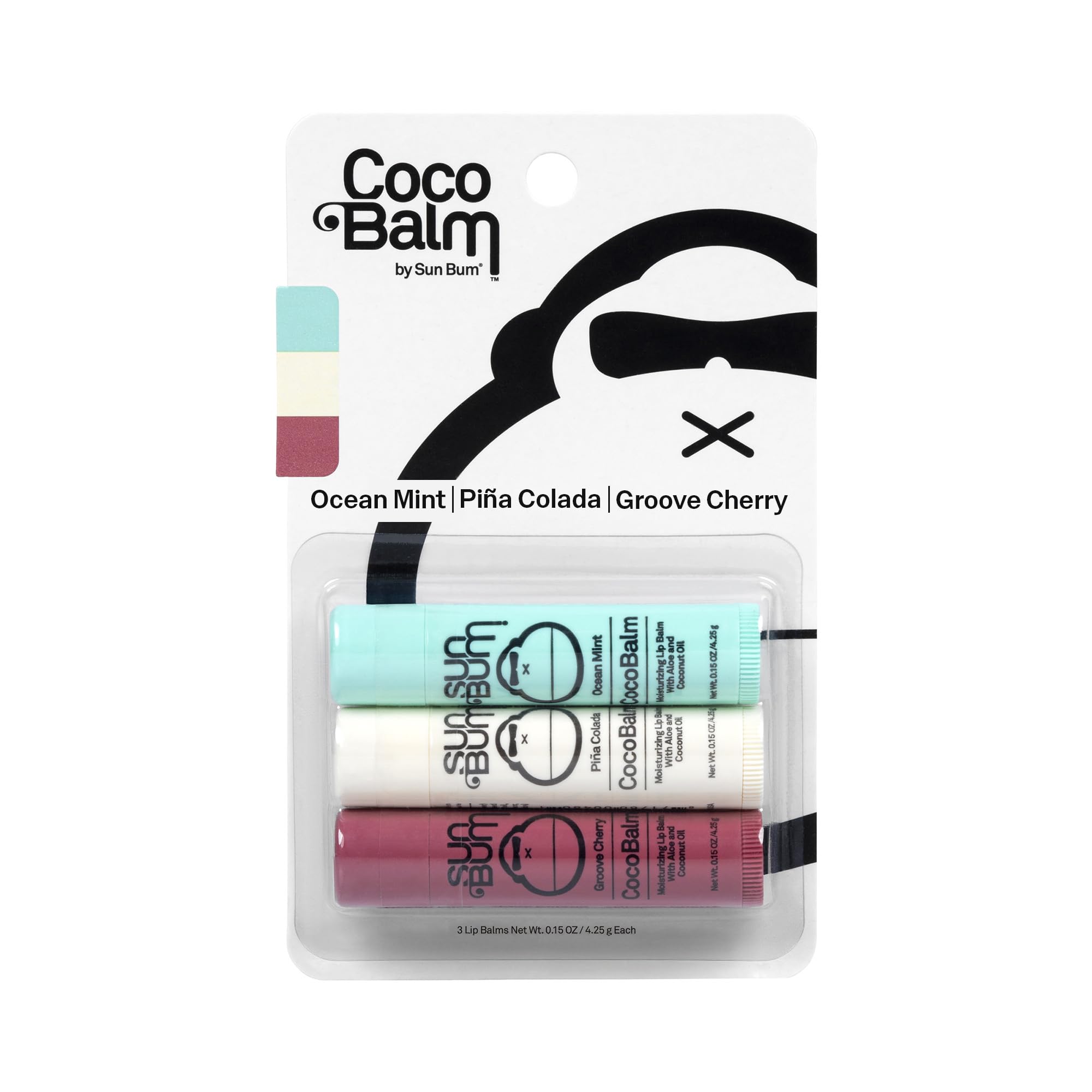 Sun Bum Cocobalm 3 Flavor Variety Pack - Ocean Mint, Piña Colada, and Groove Cherry - Hydrating Lip Balm with Coconut Oil and Aloe Vera (0.15 oz, 3 ct)