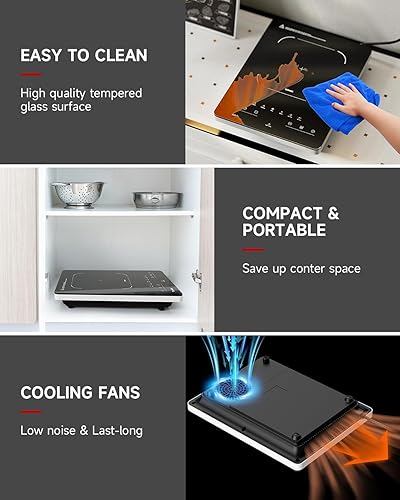 Miniatura 4 de Estufa eléctrica portátil, estufa eléctrica de un solo quemador de 110 V, placa caliente de quemador de encimera con 6 funciones preestablecidas, 10