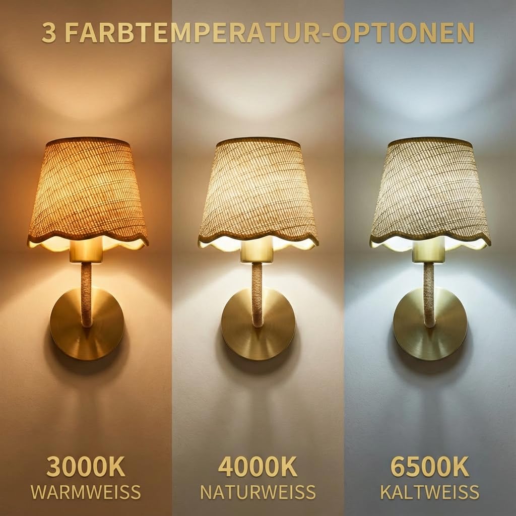 Wandlampe LED Wandleuchte Innen, 2 Stück Retro Wandbeleuchtung 3 Farbtemperaturen Gold Wandlampen Mit Rattan Lampenschirm, Wandleuchten für Badezimmer Schlafzimmer Wohnzimmer Beleuchtung Flur