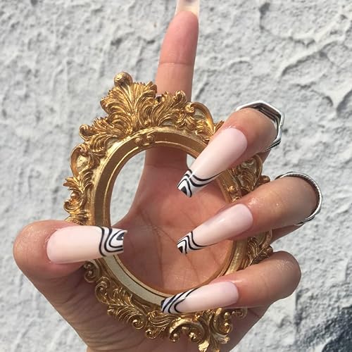 Miniatura 10 de NayToe Nailz Uñas a presión reutilizables de alta calidad con divertido estampado dorado y blanco, uñas largas a presión para manicuras elegantes,