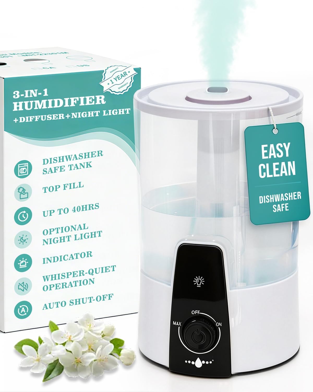 Humidifiers for Bedroom,1.06Gal(4L) Dishwasher-Safe Tank, 3-in-1 Humidifier & Aroma Diffuser & Night Light,Top Fill,Easy to Clean,360° Ultra-Fine Spray,Auto Shut-Off,Home,Baby Nursery,White