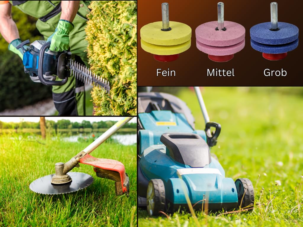 HERO Schleifstein Messerschärfer Set Rasenmäherschärfer 3-tlg für Bohrmaschinen Schärfer für Rasenmäher Bohrmessern, Mähern, Sichelmessern, Rotofräsen, Messer Gartenwerkzeuge