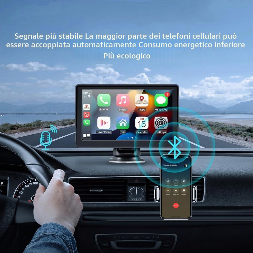 sunweyer Sunweyer Wireless Carplay & Android Auto Screen, Stereo Portatile Auto, 7 "IPS Touchsreen Display, Supporto 1080p Backup Camera & Bluetooth/AUX/FM Trasmettitore