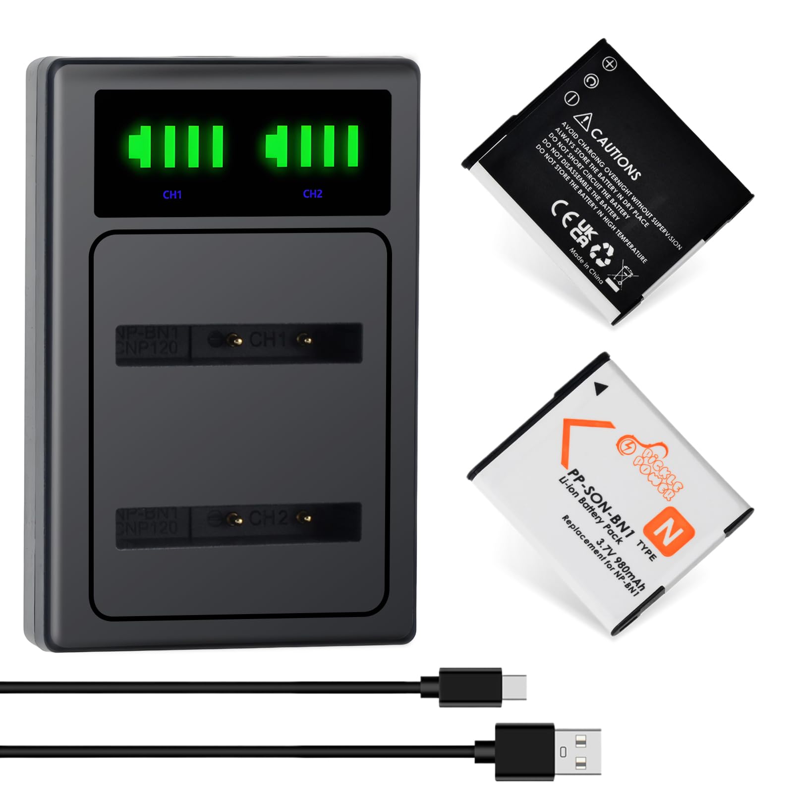 Pickle Power Lot de 2 batteries NP-BN1 et chargeur USB LCD pour Sony Cyber-Shot DSC-W800, DSC-WX220, DSC-W830, DSC-W810, Sony DSC-QX30, DSC-QX100, DSC-QX10