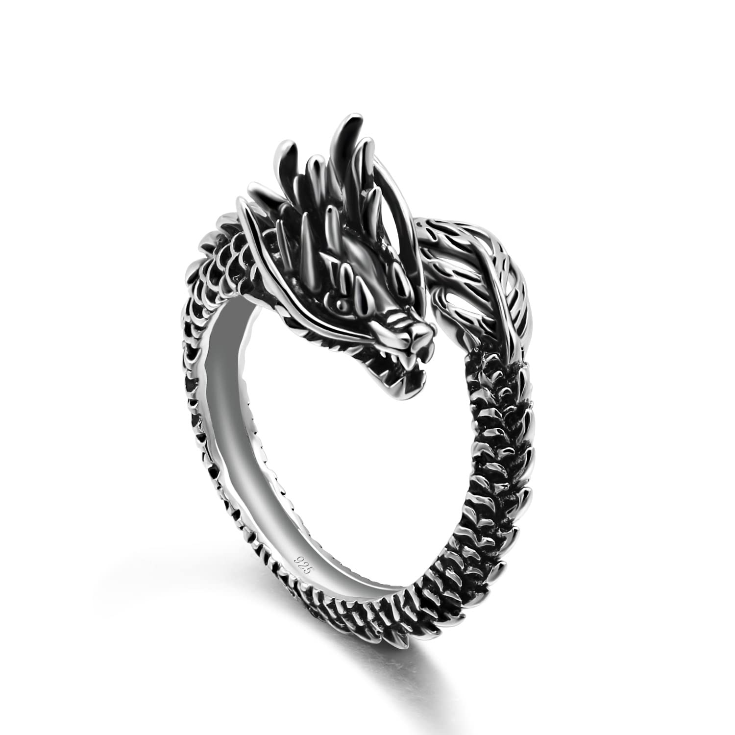 H&BeautimerVintage Style Men's 925 Sterling Silver Ring Chinese Element Dragon Ring 10.5-17MM-Open Design Silver Ring Adjustable-Handmade in Italy