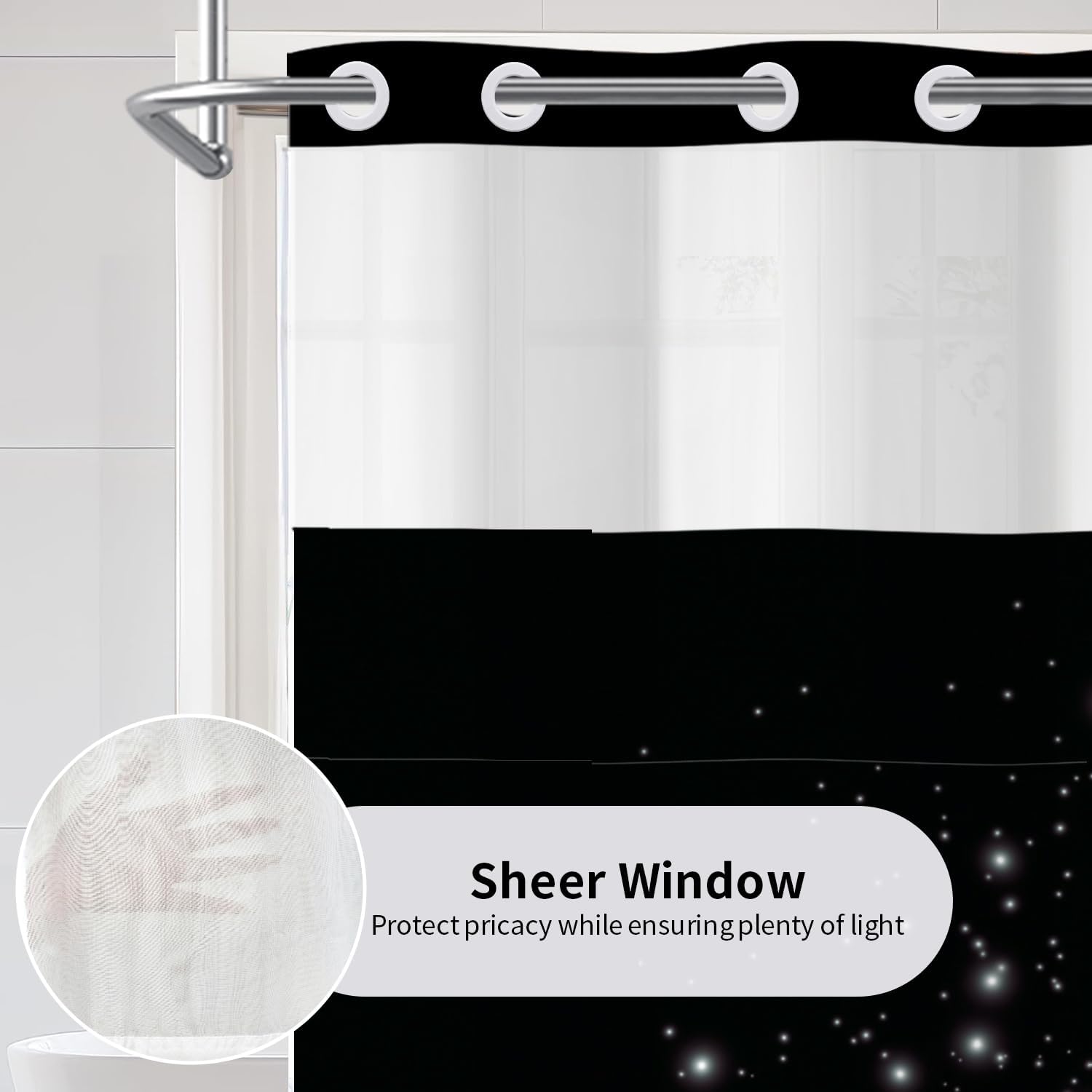 Leowefowa Lotus No Hook Shower Curtain with Snap in Liner, Blue White Floral Modern Zen Double Layer Shower Curtain and Liner Set, Ringless with Window Waterproof Cloth Fabric, 71" W X 74" L