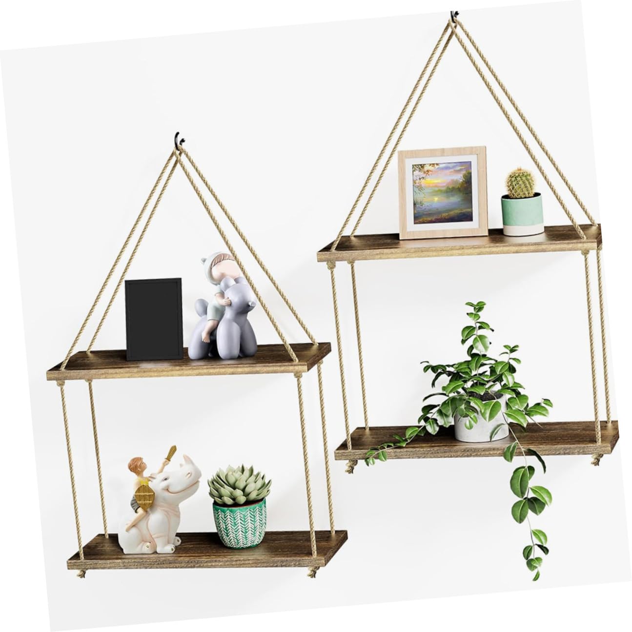 Toyvian Mensole Sospese da Parete Arazzo Boho in Legno Nero Supporto in Corda Naturale, Scaffali Galleggianti Rustici per Piante e Decorazioni, Set per Arredamento Casa
