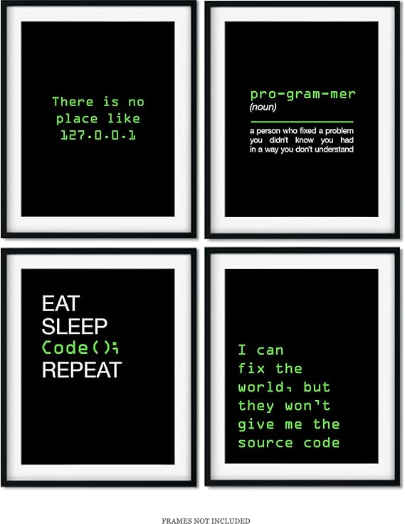 Office Decor - Computer Science Art - Set of 4 Geek Wall Art - Fun Gift For ICT Teacher, Student, Coding Nerd, Computer Programmer, Dad - 11x14 unframed print