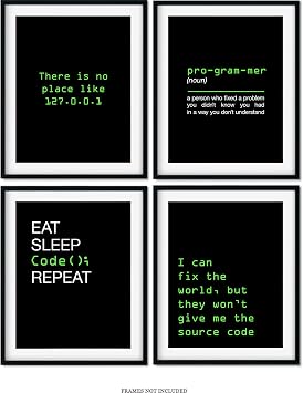 Office Decor - Computer Science Art - Set of 4 Geek Wall Art - Fun Gift For ICT Teacher, Student, Coding Nerd, Computer Programmer, Dad - 11x14 unframed print