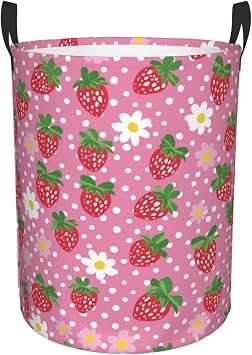 Strawberry Laundry Basket Pink Polka Dots Daisy Laundry Bag Hamper Collapsible Oxford Cloth Storage Bin with Handles Laundry Dorm Travel Bathroom Laundry Baskets