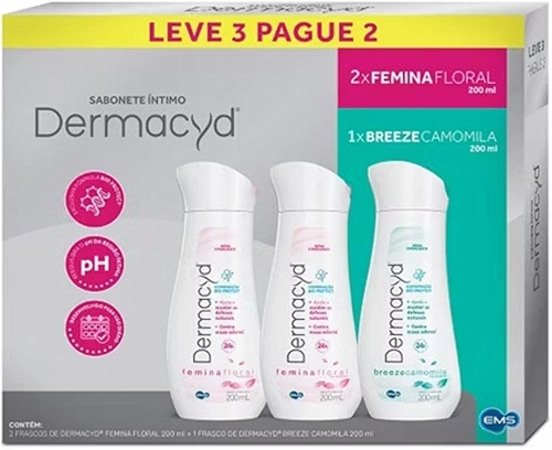 Sabonete Íntimo Com 3 Unidades, Femina Floral 2X200ml + Breeze Camomila 200ml, pH Balanceado, Hipoalergênico, Proteção 24h Mantém as Defesas Naturais