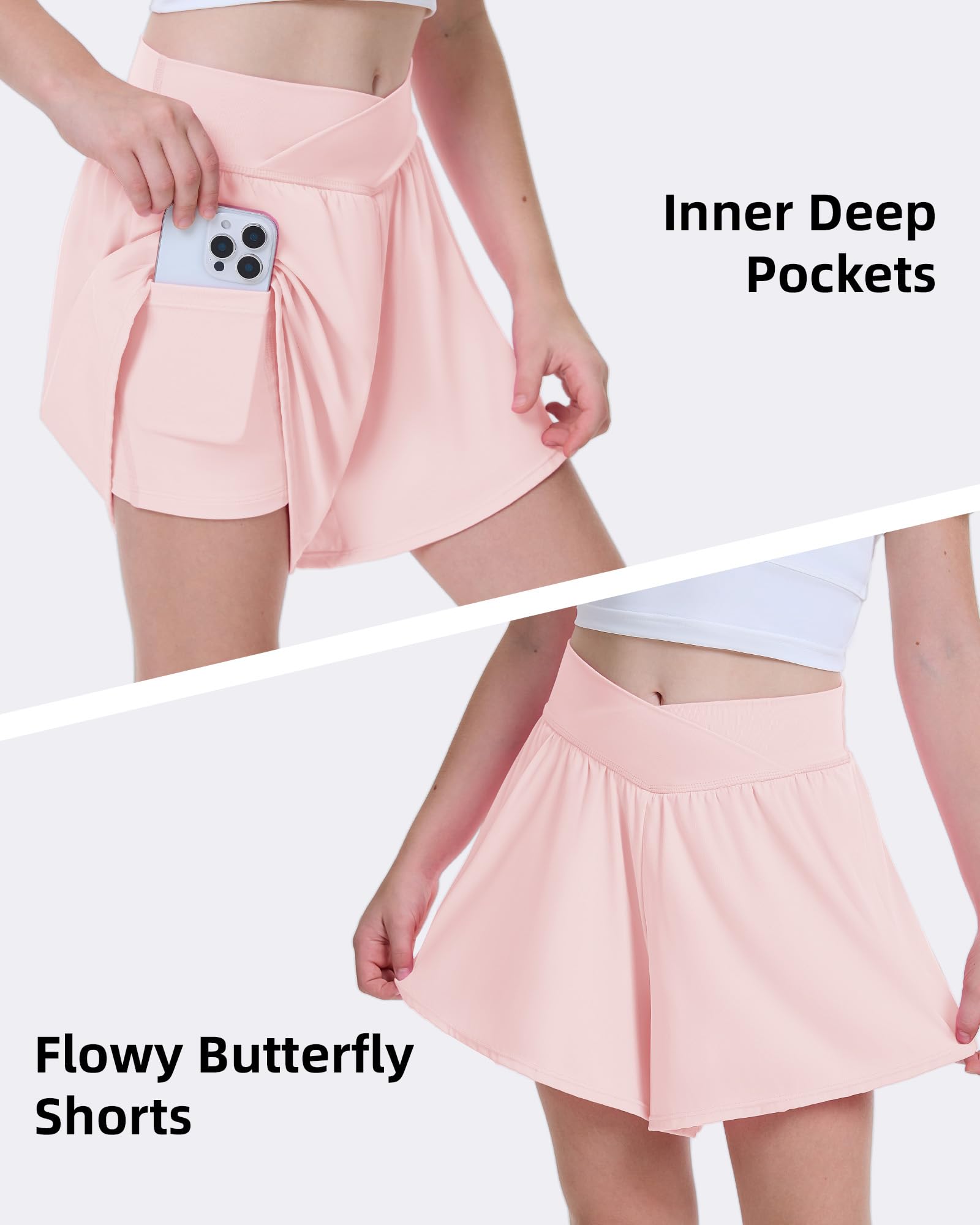 FireSwan Pantalones cortos de mariposa para niñas, pantalones cortos atléticos cruzados con bolsillos, 2 en 1, pantalones cortos para correr, para adolescentes, niñas y jóvenes