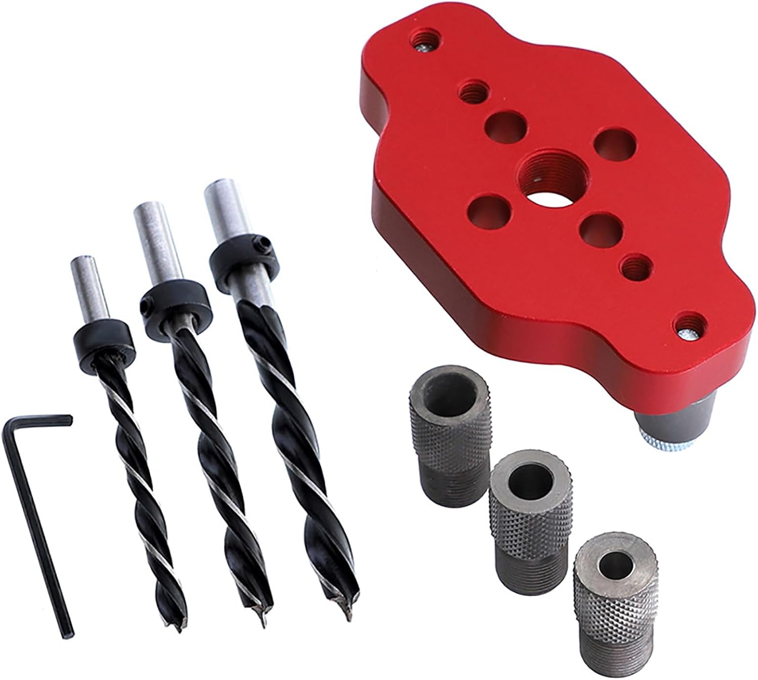 SagaSave Self Centering Straight Hole Drilling Positioner, Adjustable Aluminum Alloy Dowelling Jig for Woodworking Drill Guide, Easy to Use (Hole Locator + 3 Pcs Drill Bits)