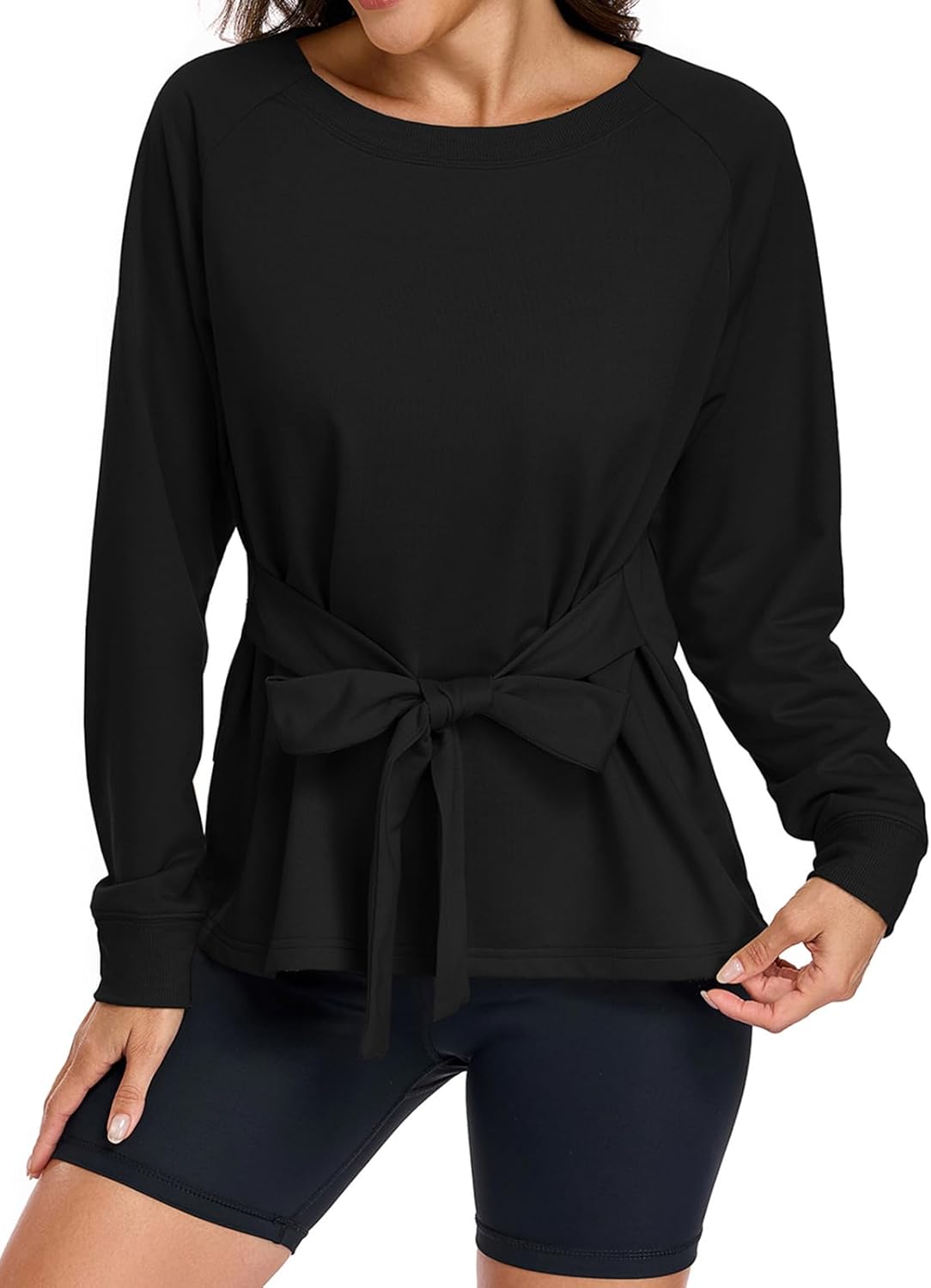 Women's Long Sleeves Shirt Tops Crew Neck Tie Knot Sweatshirt Tops Casual Fall Loose Fit Cropped Top Pullover - Image 4