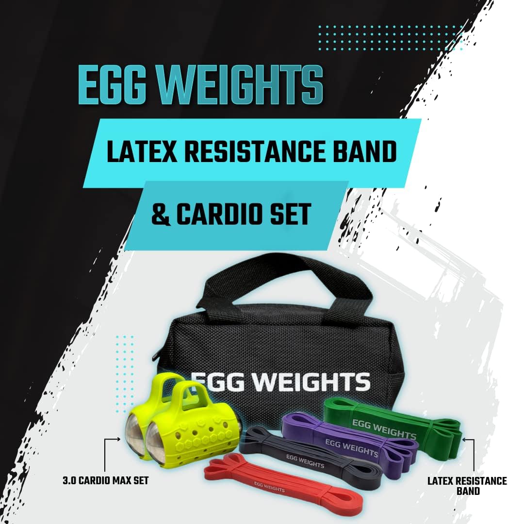 Egg Weights Cardio Max 3.0 lb Hand Dumbbell Set of 2 (1.5 lb Each Egg Weight) + Latex Resistance Bands Bundle for Fitness, Workout, Shadowboxing, Yoga, and More for Men and Women