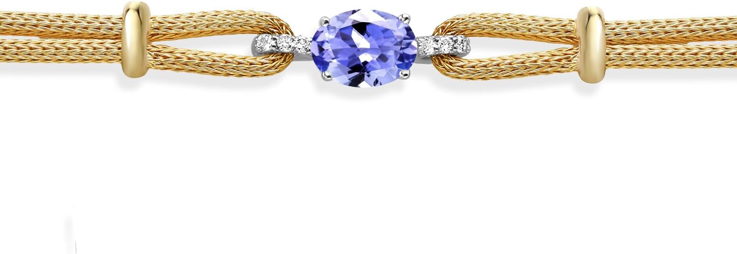 Gem Stone King 925 2 Tone Sterling Silver Blue Tanzanite and White Lab Grown Diamond Bracelet For Women (1.20 Cttw, Gemstone December Birthstone, Oval 8X6MM, 6.5/7/7.5 Inches, Made In Italy)