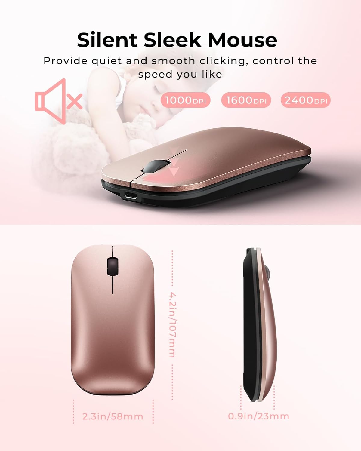 seenda Wireless Bluetooth Keyboard and Mouse Combo, SKM64-3 Rechargeable Slim Quiet Keyboard Mouse, 3 Multi-Device Connection, Compatible for Windows, Mac, MacBook, iPad, Tablet, Black Rose Gold - Image 5