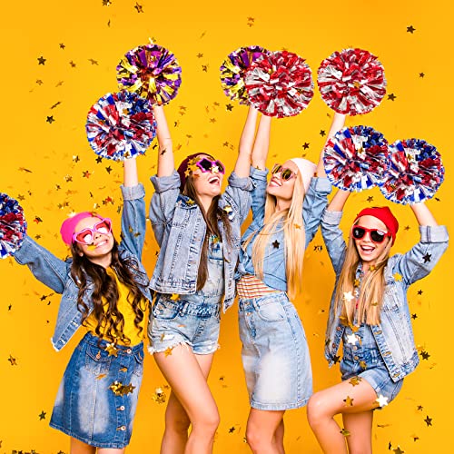 AUHOKY 4 Packs Metallic Cheerleading Cheer Pom Poms, Fluffy Cheerleader Pompoms with Finger-Friendly Ring, Cheering Pom poms for Squad Team Sports Game Dance Dress Party Kids Adults(Blue/Silver/Red) - Thumbnail 6