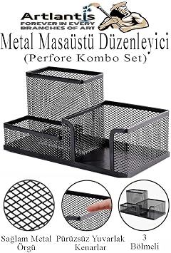 Desktop Metal Pen Holder Set 3-Piece Combo 1-Pack Mesh Perforated Black Pen Holder Attaché Paper Holder Earring Organizer