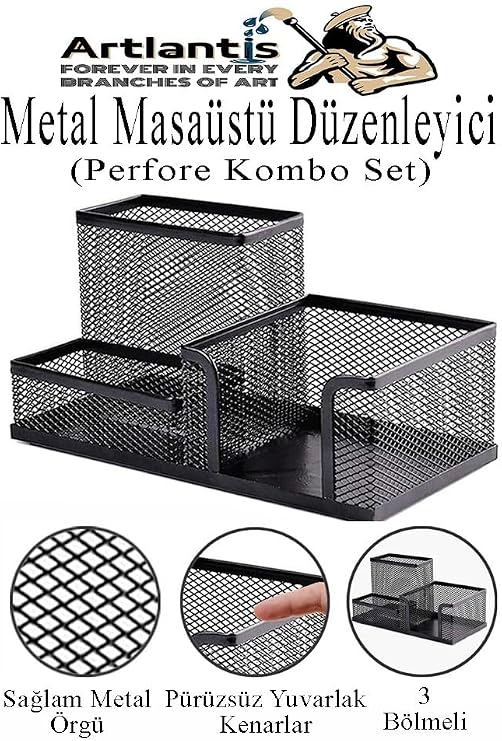 Desktop Metal Pen Holder Set 3-Piece Combo 1-Pack Mesh Perforated Black Pen Holder Attaché Paper Holder Earring Organizer