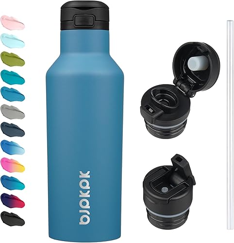 Miniatura 10 de BJPKPK Botella de agua aislada con pajilla, botellas de agua de acero inoxidable de 25 onzas con 2 tapas y asa de transporte, botella térmica de