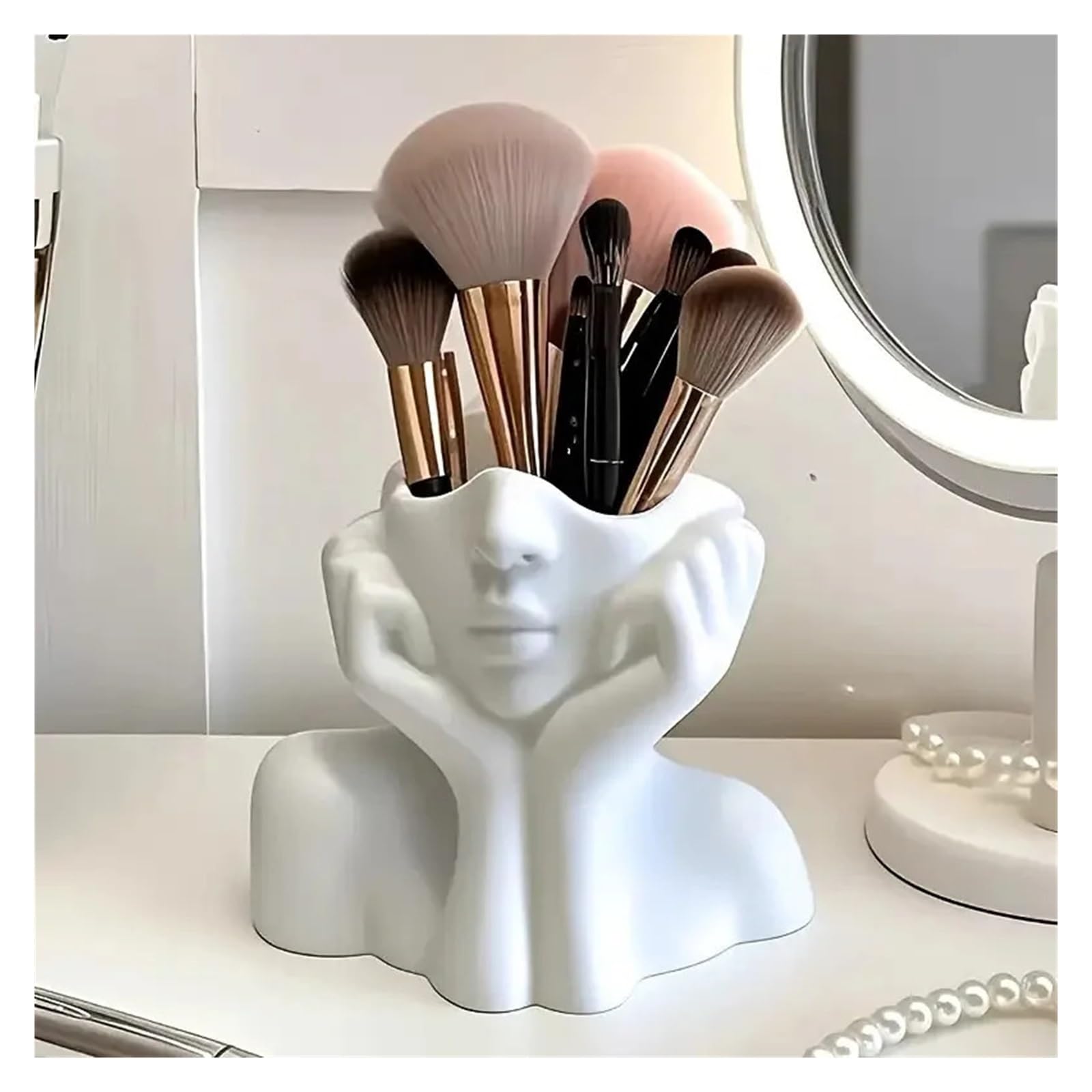 1 porta pennelli da trucco a forma di viso, scatola portaoggetti leggera e portatile per trucco di bellezza, design viso femminile/donna