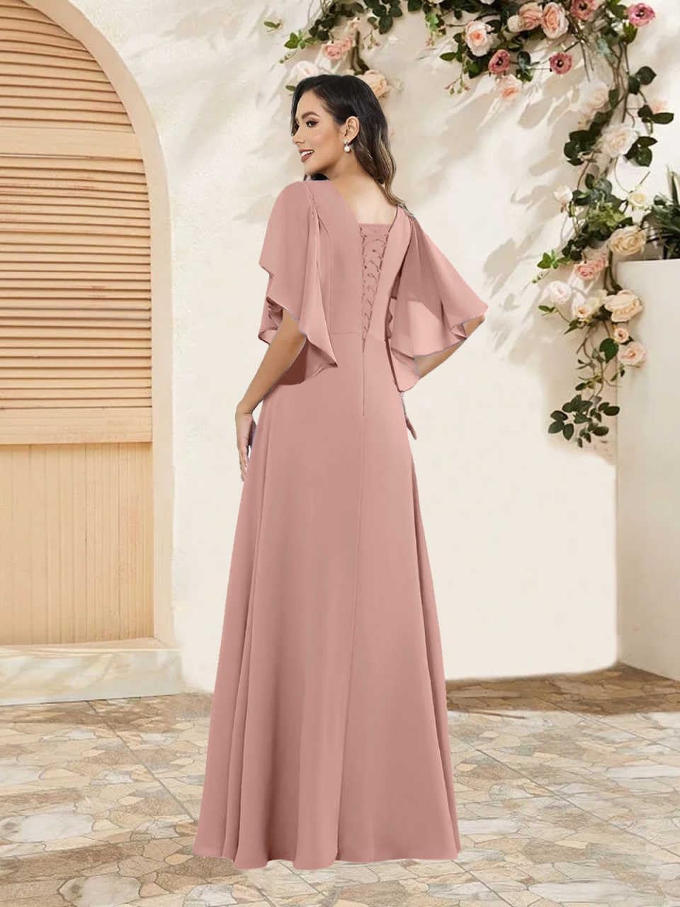 Chiffon Mother of The Bride Dresses for Wedding with Sleeve V-Neck Lace Applique Formal Dress for Women AD196