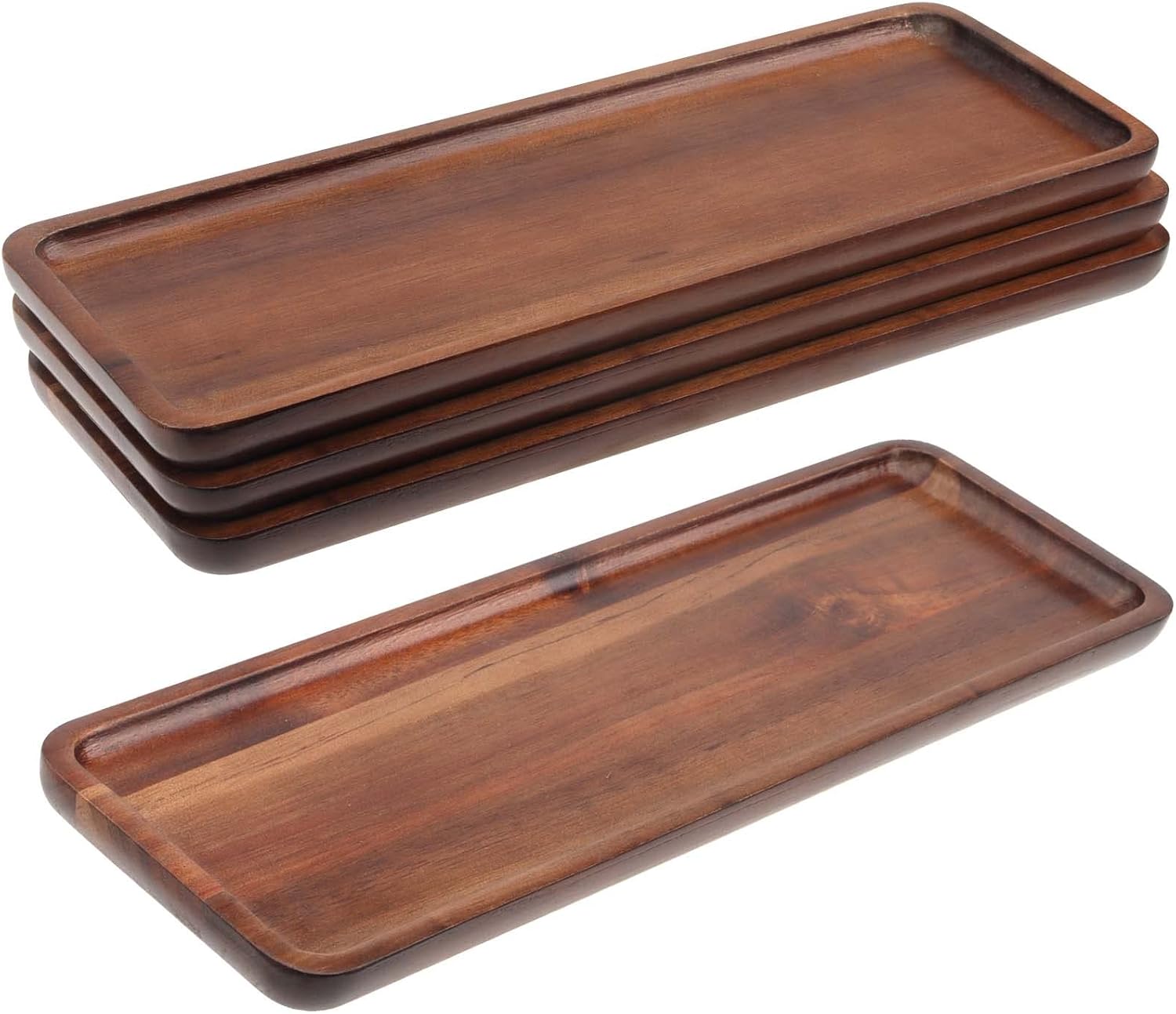 SEUNMUK 4 PCS 29 x 10.8 CM Wooden Serving Tray, Rectangle Wooden Plates with Raised Edge Wooden Food Tray for Kitchen, Coffee Shop and Restaurant