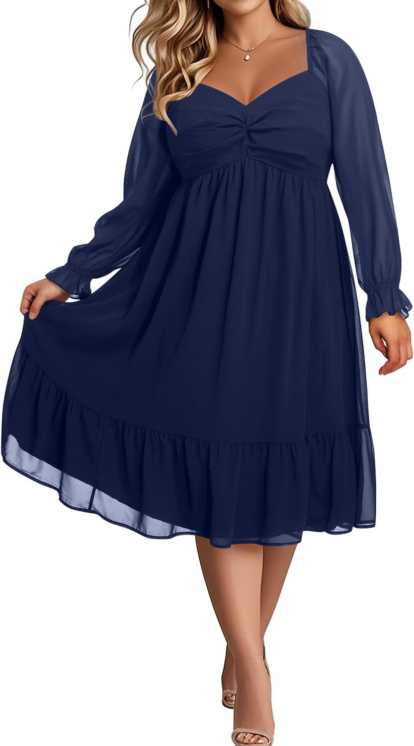 Plus Size Dresses Sweetheart Neckline Long Sleeves Chiffon Party Cocktail A Line Curvy Womens Midi Dress - Image 3