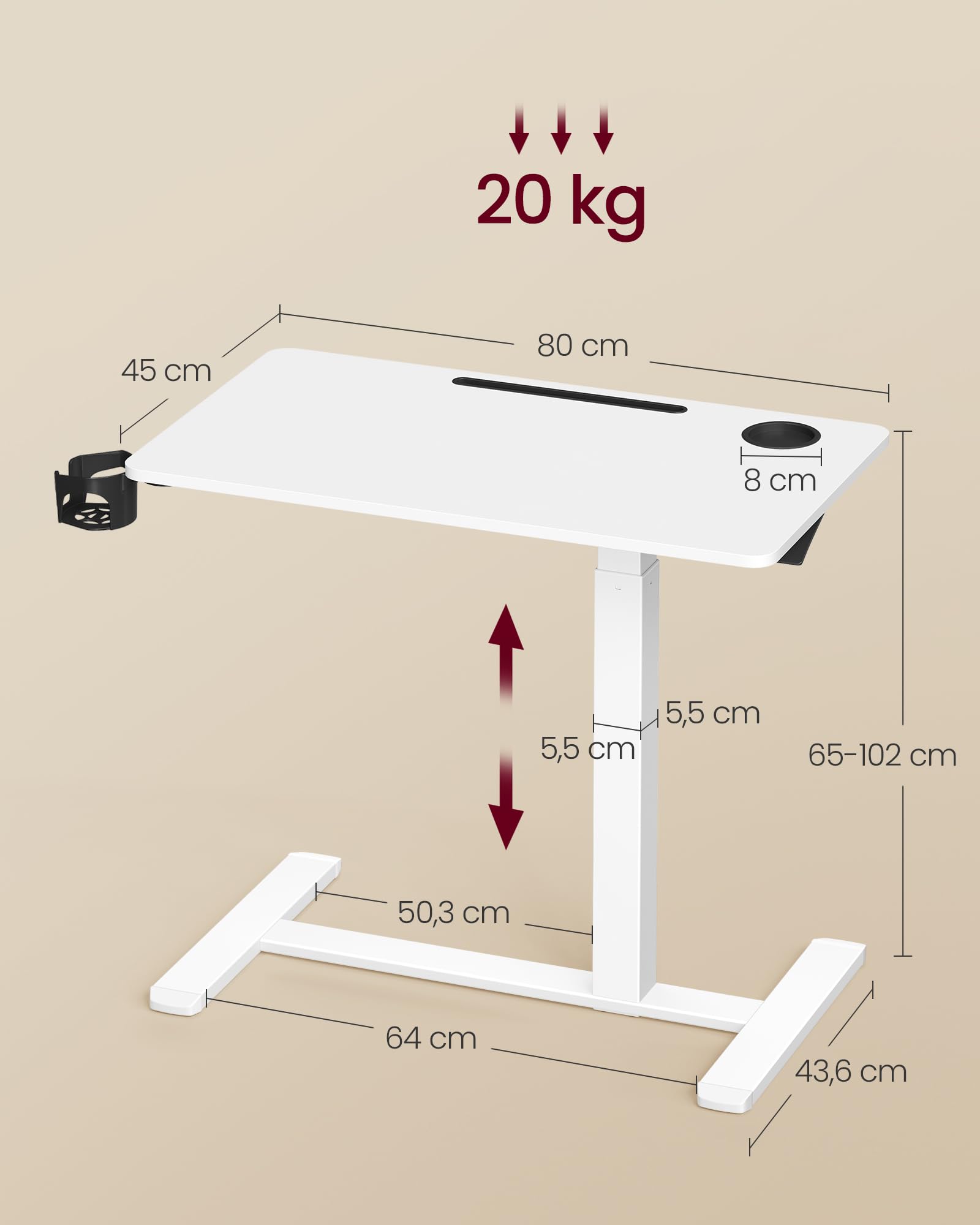 VASAGLE Escritorio con Ruedas, Mesa Auxiliar, Tablero de 80 x 45 cm, Altura Ajustable, 2 Portavasos, Ranura para Teléfono Móvil o Tableta, Blanco Nube LSD601W01