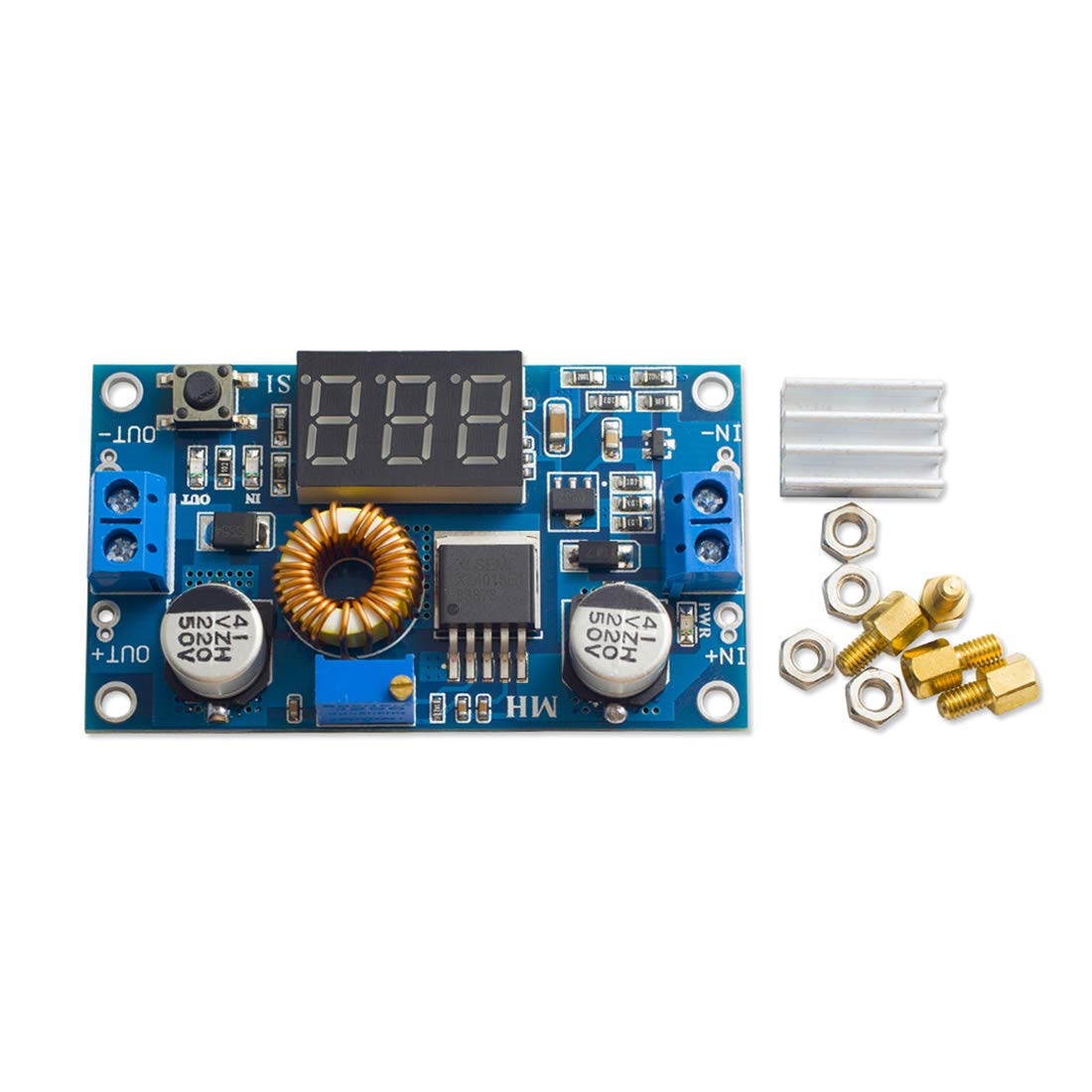 زاویه view of the HiLetgo DC-DC Step Down Power Module with included mounting pillars and heatsink.