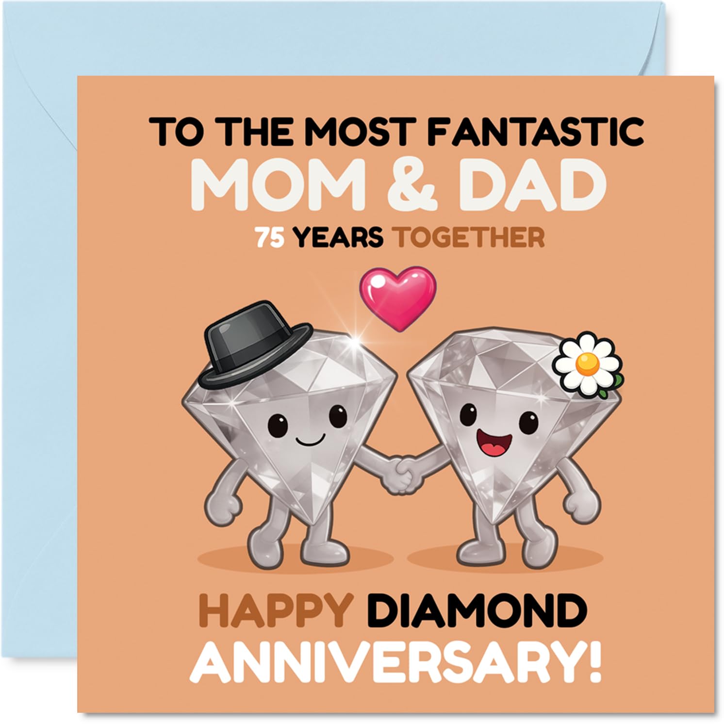 Playful 75th Anniversary Card for Mum & Dad - Sparkling Diamond Duo Brings a Smile - Cute Hand-holding Motif Celebrates 75 Years - 145mm Square, Envelope Included