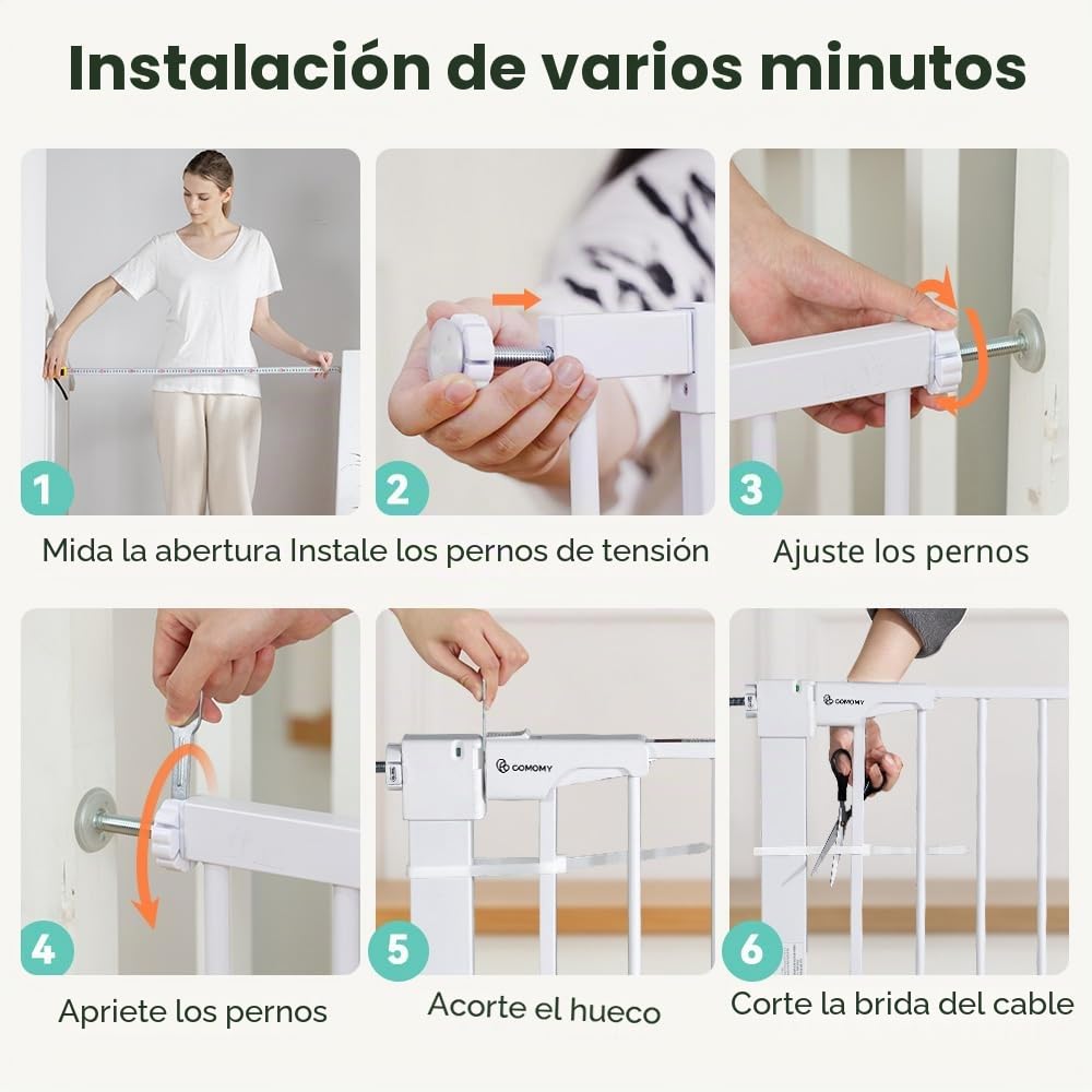 COMOMY 75-110cm Barrera Seguridad Niños Escaleras, Puerta Seguridad para Perros & Bebes de Cierre Automático, Valla Seguridad Infantil sin Agujeros, con Extensions (76cm H, Blanco)