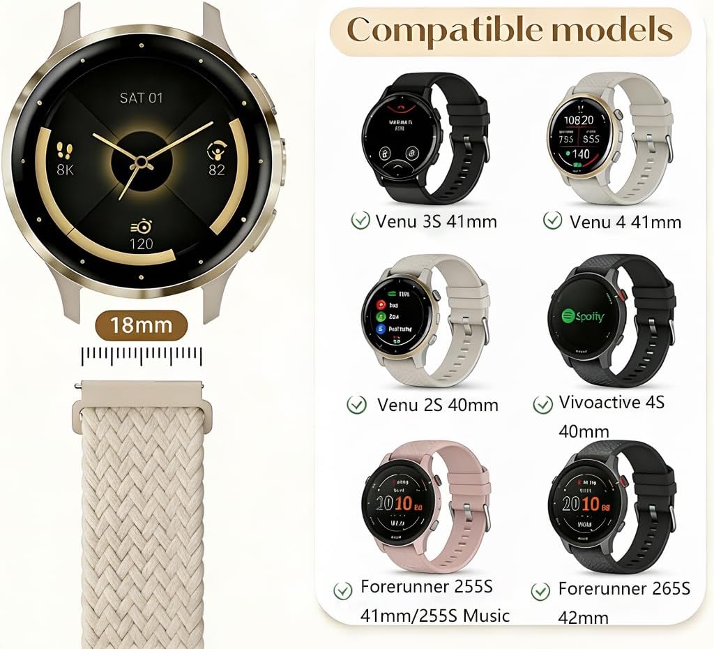 18mm Braided Bands for Garmin Venu 3S 2S/Venu 4 41mm/Vivoactive 4S/Vivomove 3S/Forerunner 265S/255S Band Women,18mm Quick Release Magnetic/Parachute Buckle Woven Fabric Nylon Sport Watch Strap